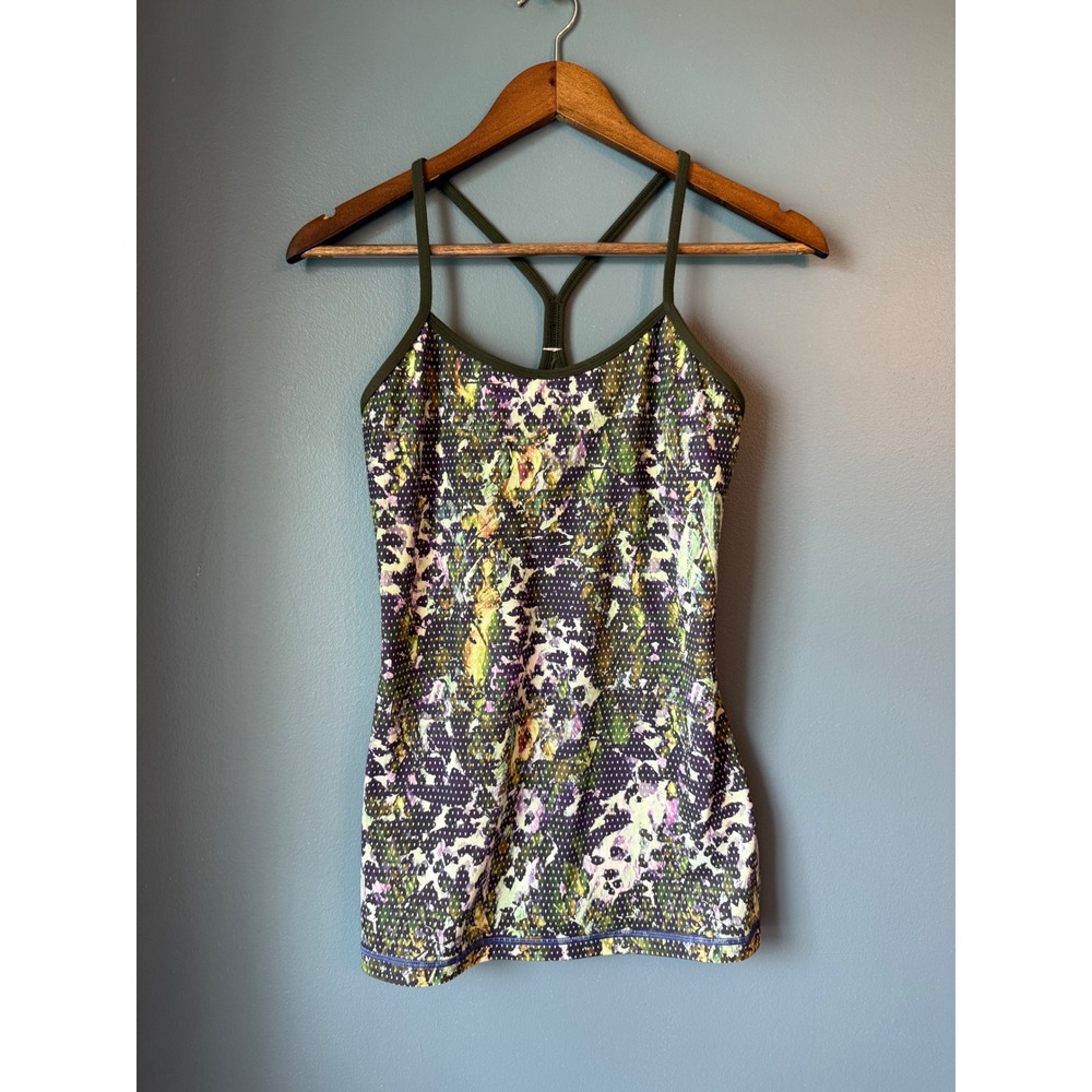 Lululemon Power Y Tank Top Multi-Color Floral Size‎ 6 Olive Green Trim